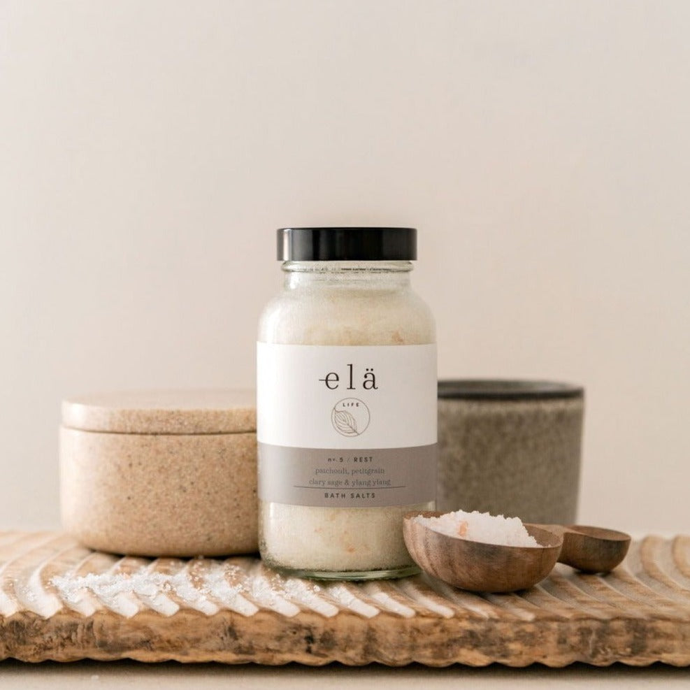 
                  
                    Elä Life Rest No 5 Bath Salts with Epsom and Pink Himalayan salts and aromatherapy blend of Clary Sage, Ylang Ylang, Petitgrain and Patchouli 100% Essential Oils
                  
                